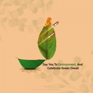 A leaf shaped like a lit diya with firecrackers, promoting an eco-friendly Diwali.
