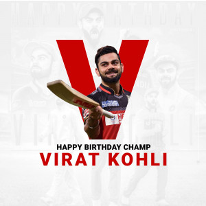 Virat Kohli birthday graphic with a cricket bat and celebratory text.
