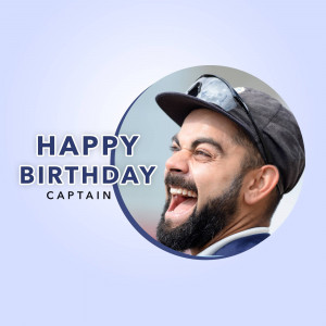 Portrait of Virat Kohli with 'Happy Birthday Captain' text