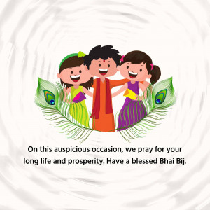 Illustration of three siblings celebrating Bhai Dooj with peacock feathers and a festive greeting.