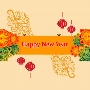 Colorful floral and lantern design with 'Happy New Year' text.
