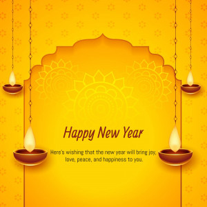 Golden New Year greeting with Diya lamps and floral patterns