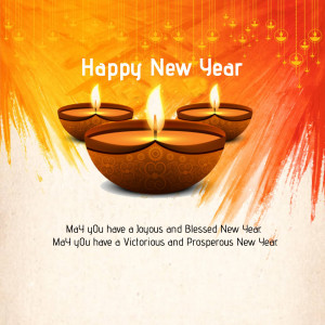 Diya lamps with Happy New Year greeting