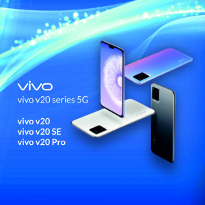 Vivo V20, V20 SE, and V20 Pro 5G smartphones in blue gradient background