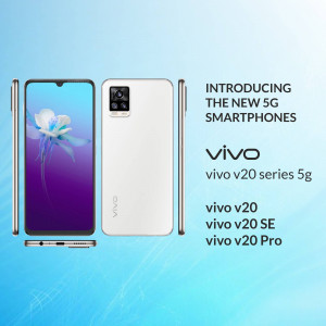 Vivo V20, V20 SE, and V20 Pro 5G smartphones displayed in white color.