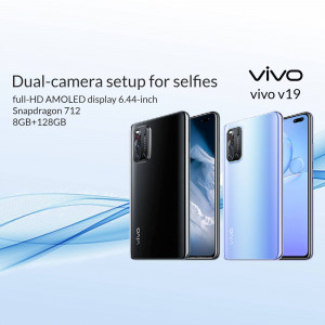Vivo V19 smartphone in black, white and blue color options