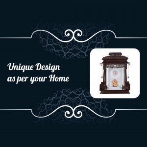 A decorative image showcasing a wooden home temple with ornate detailing.