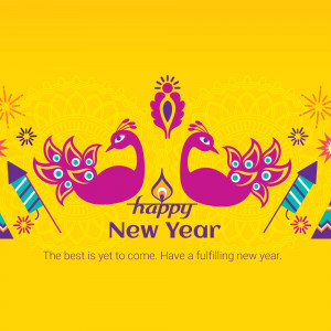 Illustration of two purple peacocks with fireworks and a 'Happy New Year' message on a yellow background.