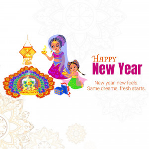 Illustration of a mother and daughter celebrating the New Year with traditional Indian decorations.