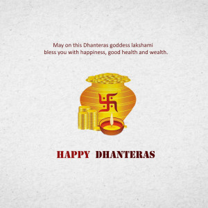 Dhanteras greeting with pot, swastika, and diya