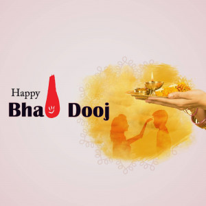 Bhai Dooj greeting with a hand holding a thali and a silhouette of siblings.