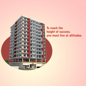 Modern apartment building with motivational text