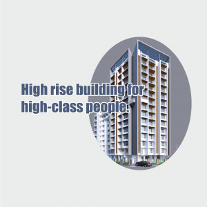Modern high-rise building with text overlay