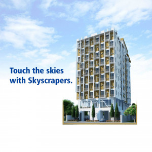 Modern residential building with a blue sky background and promotional text.