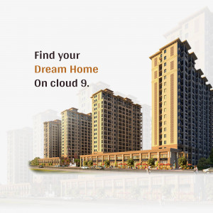 Modern apartment buildings with the text 'Find your Dream Home On cloud 9'