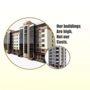 Illustration of modern apartment buildings with text overlay