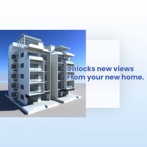 Architectural rendering of a modern apartment building with balconies and a blue sky background.