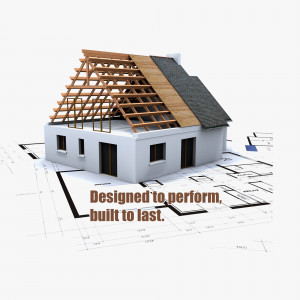A 3D rendering of a house under construction with a blueprint background.