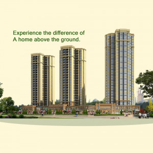 Rendering of a modern high-rise apartment complex with green landscaping.