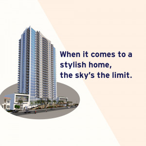 Modern high-rise apartment building with a blue glass facade and surrounding landscaping.