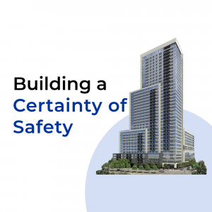 Modern high-rise building with text overlay