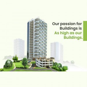 Image of a tall, modern apartment building with green landscaping and text overlay.