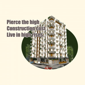 Modern high-rise building with promotional text