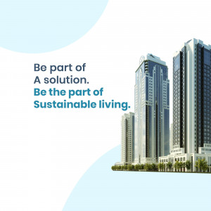 Modern skyscrapers with text promoting sustainable living.