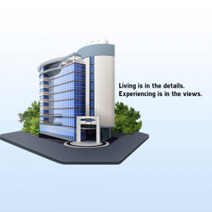 3D rendering of a modern glass and concrete office building with a blue gradient background.