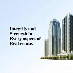 Modern skyscrapers with text overlay 'Integrity and Strength in Every aspect of Real Estate.'
