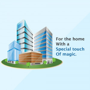 Illustration of modern buildings with the text 'For the home with a special touch of magic'
