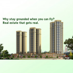 Three golden skyscrapers with green landscaping and text promoting real estate.