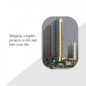 High-rise buildings in a city with text overlay