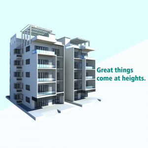 3D rendering of two modern apartment buildings with balconies and a motivational quote.