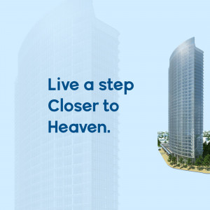 Modern high-rise apartment building with a blue gradient background and text promoting a luxurious lifestyle.