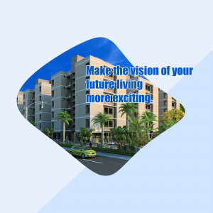 Modern apartment building with palm trees and a car in front, promoting a vision of future living.