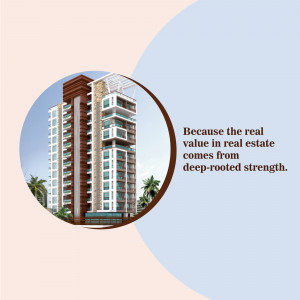 Modern apartment building with text about real estate value