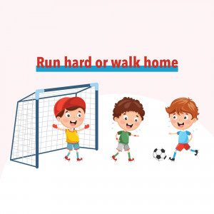 Cartoon illustration of children playing soccer with a goalpost and a soccer ball.