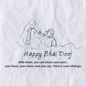 Line art illustration of a sister applying tilak to her brother's forehead with the text 'Happy Bhai Dooj'