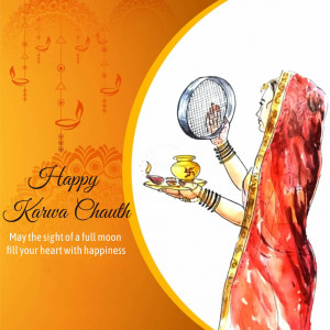 Illustration of a woman performing Karwa Chauth rituals with a sieve, pot, and diya.