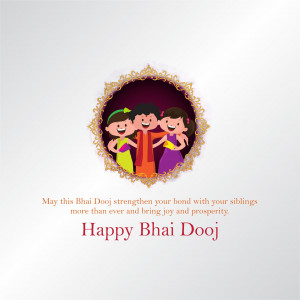 Illustration of three siblings celebrating Bhai Dooj with a decorative frame and festive text.