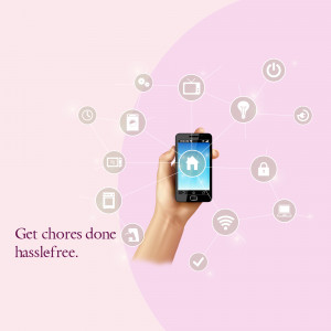 Hand holding a smartphone displaying a smart home interface with connected devices.