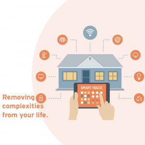 Illustration of a smart home controlled by a tablet.