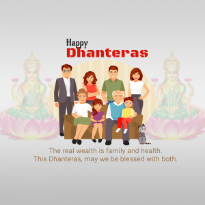 Illustration of a family celebrating Dhanteras with Lakshmi Goddess images in the background.