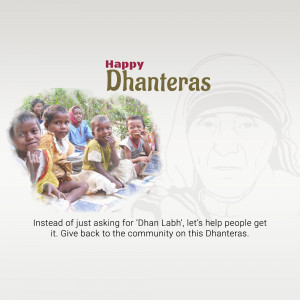 Group of children and an elderly woman with Dhanteras greeting and a message about giving back.