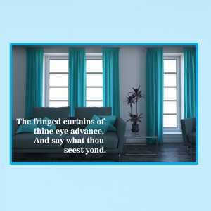 Living room interior with gray sofa, teal curtains, and a window view.