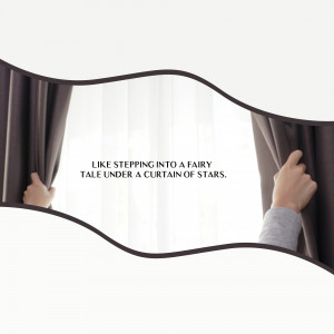 Hands pulling back a dark curtain revealing a starry night