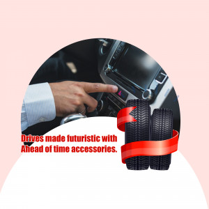 Close-up of a car interior with a hand adjusting controls and tires with a red ribbon.