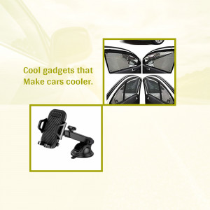 Image showcasing car gadgets like a phone holder and car window shades.