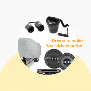 A collection of car accessories including a dashcam, car speakers, seat cover, and a phone holder.